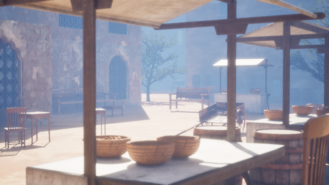 Marketplace close-up — wooden stalls, woven baskets, blue door